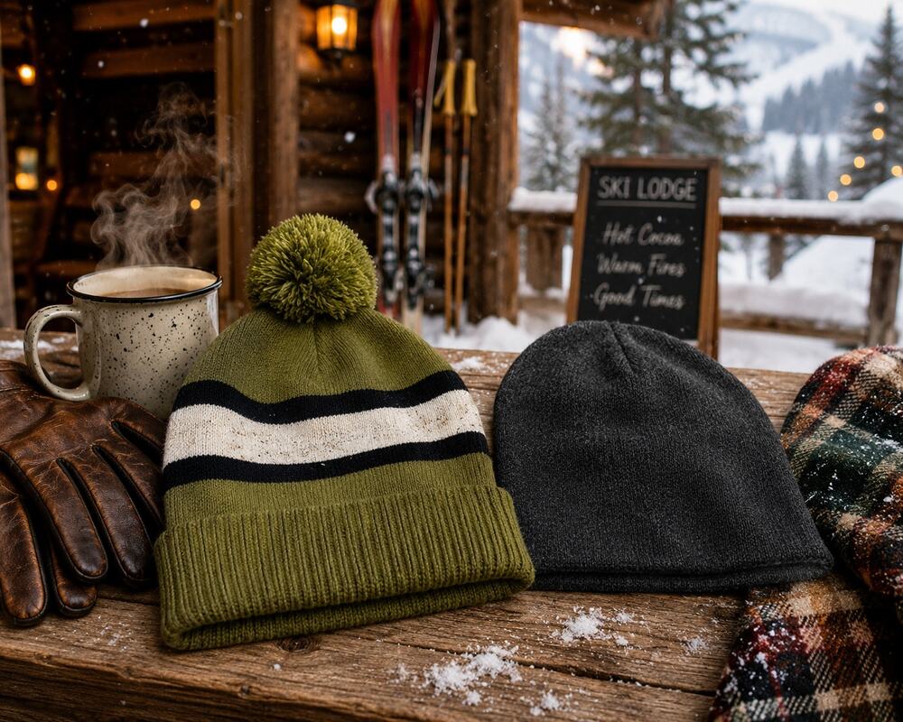 Men's Winter Hat Bundle Pom Pom Beanie & Gray Knit Beanie One Size